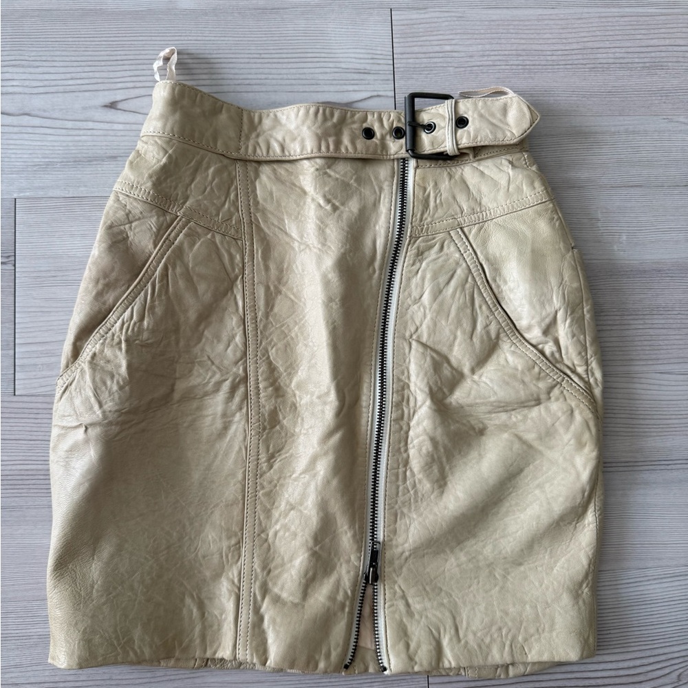 Vintage Mini Leather Zip Skirt in Beige with Belt Detail